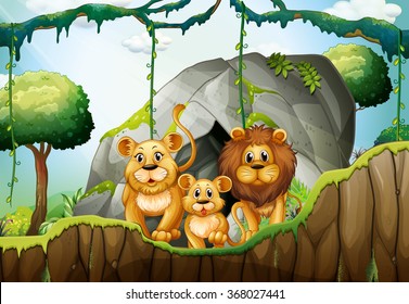 Lion family living in the jungle illustration