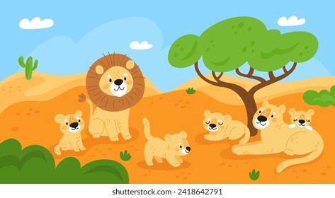 Lion family on nature. Beautiful savannah landscape. Wild animals. Resting pride. Lioness with cubs. King of beasts. African safari panorama. Cartoon predator mammals