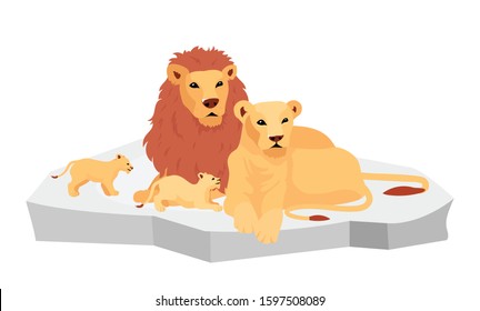 Lion family on rock flat color vector illustration. Southern predator creatures. Adult feline with cubs. Lioness with baby. African animals isolated cartoon character on white background