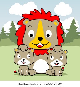 lion family on trees background, vector cartoon illustration