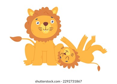 Lion family. Lion parent playing and having fun with its baby. Happy parenthood cartoon vector illustration