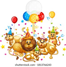 Lion family in party theme isolated on white background illustration