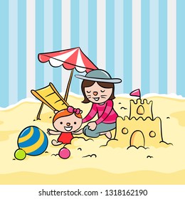 Lion family playing sand on the beach illustration - Vector