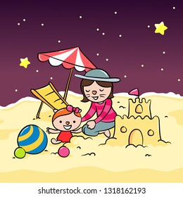 Lion family playing sand on the beach illustration - Vector
