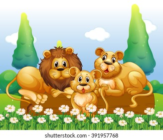 Lion family resting in the garden illustration