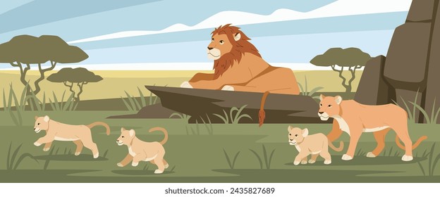 Lion family in savannah. Cubs and lioness resting, wild animals pride, feline family strong predators, king of beasts, Africa panorama cartoon flat isolated illustration, tidy vector concept