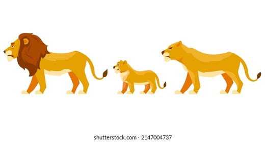 Lion family side view. African animals in cartoon style.