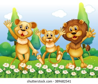 Lion family standing in the flower field illustration