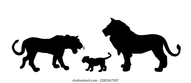 Ilustración de silueta vectorial de la familia de leones aislada en blanco. Leona con cachorro de ternera y sombra masculina de león. Forma de rey animal. Gran gato. Orgullo de África. Símbolo de zodiaco Leo. Depredador de la vida salvaje africana