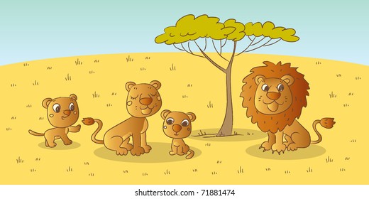 lion family, wild animals savanna drawing
