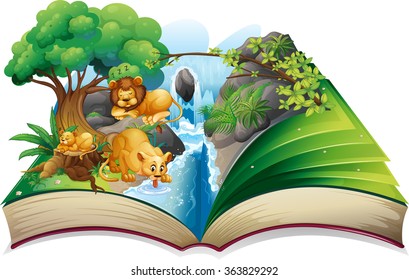 Lion faminly living by the waterfall illustration