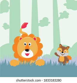 Lion farm nature background composition with cartoon style Creative vector childish background for fabric, textile, nursery wallpaper, poster, card, brochure. Vector illustration background.