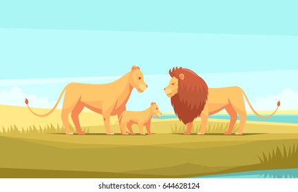 Lion farm nature background composition with doodle cartoon style great cats family and pristine wilderness scenery vector illustration