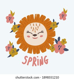 Lion Fashion baby greeting card. Illustration of an animal with the inscription Spring. For a gift, Flowers, Clouds, Hearts. For posters and fashionable children's clothing. Vector illustration