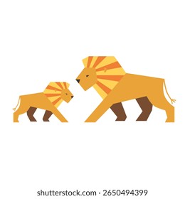 Lion father and cub, flat vector illustration of African safari animals. Cute cartoon wildlife for children’s books, educational posters and jungle design.
