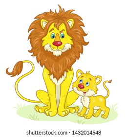 Lion father and lion son - friendly family. In cartoon style. isolated on white background. Vector illustration.