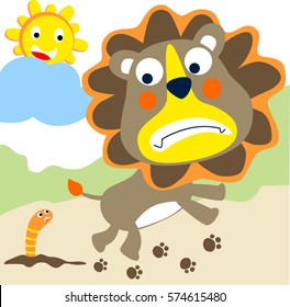 lion fear look a worm vector cartoon illustration
