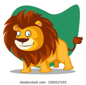A Lion with lot of feather around the head and with white mouth standing in green background, vector, color drawing or illustration.