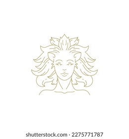 Lion female goddess mythology character with mane portrait line art deco vintage logo vector illustration. Leo woman face antique mythic character face wellness spa studio beauty care fashion icon