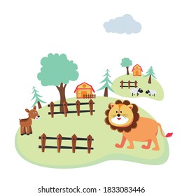 Lion in the field with green grass, trees, and cloud. isolated on white background.