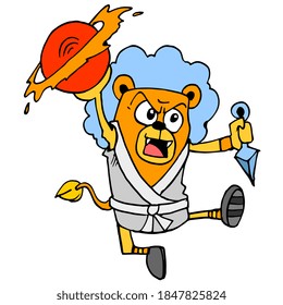 lion fighter is exerting strength to attack the enemy. cartoon illustration sticker mascot emoticon