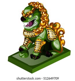 Lion figurine made of jade isolated on white background. Statuette of nephrite in the Oriental style. Vector illustration.