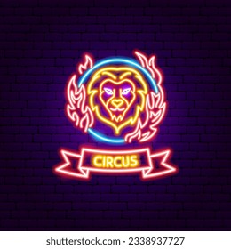 Lion Fire Circle Neon Label. Vector Illustration of Entertainment Festival Glowing Symbol.