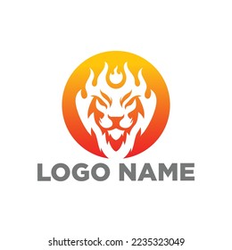 Concepto del logotipo del icono de combinación de leones e incendios