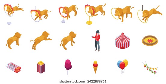 Lion fire performance icons set isometric vector. Animal acrobat. Carnival circus