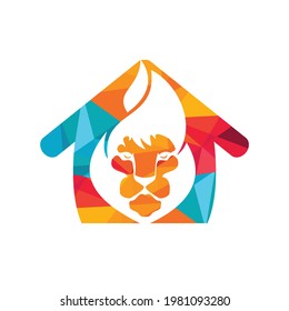 Lion fire vector logo design template. Creative lion flames with home  shape logo design concept. 