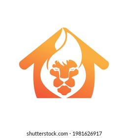 Lion fire vector logo design template. Creative lion flames with home  shape logo design concept. 