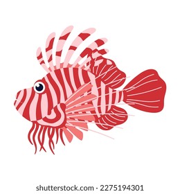 lion fish isolated on white background, beautiful aquatic character in stripes in flat style, cartoon vector illustration for any design