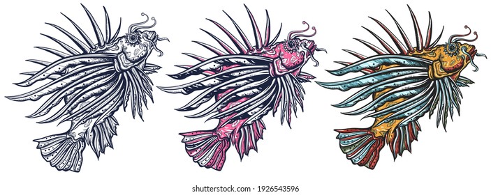 Lion fish. Underwater tropical animals. Old school tattoo vector art. Hand drawn cartoon character set. Isolated on white. Traditional tattooing style 