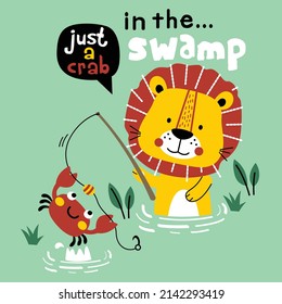 lion fishing in the swamp funny animal cartoon