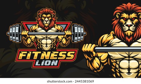 Lion fitness or gym logo template, Lion lifting barbell illustration. Lion mascot character