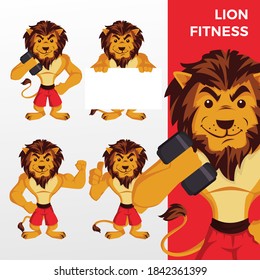 lion fitness mascot character set logo vector icon illustration