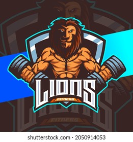 lion fitness muscle workout mascot esport logo design character for sport and game logo concept