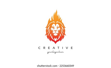 Plantilla vectorial del logotipo de la llama del león, inspiración del diseño del logotipo exclusivo del incendio del león, silueta de la cabeza del animal León en el espacio negativo, diseño del logotipo del incendio del león