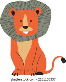 Lion flat cartoon animal, wild funny cat with mane, vector in flat style. Sitting lion undomesticated wild character with tail, african safari young cub, king of animals illustration