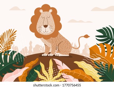 Lion flat hand drawn illustration. Cute cartoon animal character on botanical background. Wild animal vector poster