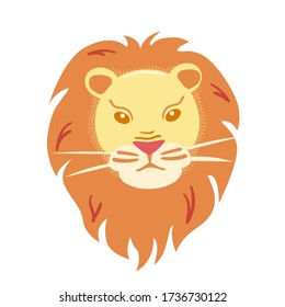 Lion flat head on white background. Mane big cat mask Isolated vector icon. Halloween carnival paper face. Animals character print. Zoo clip art for masque. Simple style illustration.