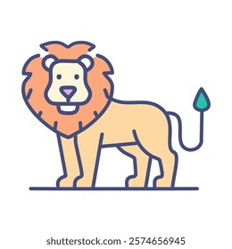 Lion flat icon. Vector illustration of a lion with big mane and tail in flat style.