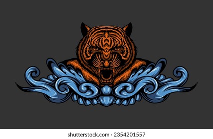 lion with floral ribbon mascot illustration