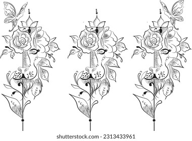  Lion Flower butterfly Sketch tatoo black and white - Vetorial. Hand drawn