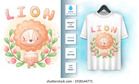 Lion in flower poster and merchandising. Vector eps 10