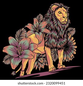 lion with flower vector illustration design on black background