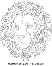 Lion and flowers coloring book illustration  Lion coloring page  Vector outline illustration  Anti stress coloring book  Lion print 