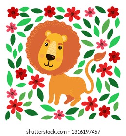 Lion with flowers and leafs cute vector illustration