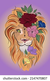 Lion and flowers purple background  Vector illustration 