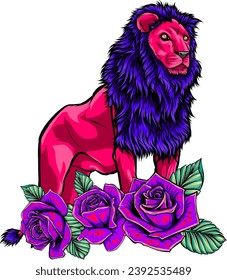 lion with flowers, vector color illustration on white background